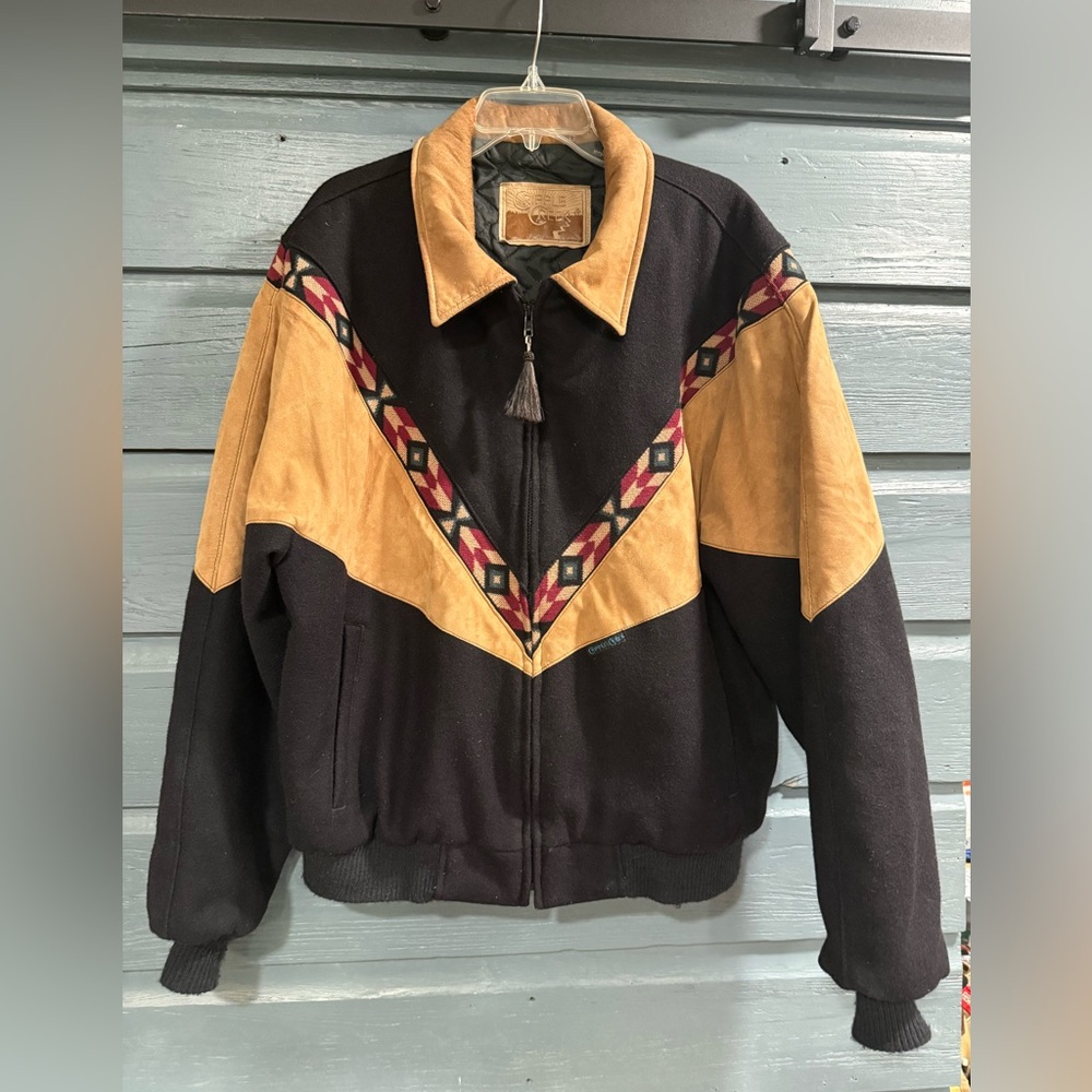 Vintage Cripple Creek XL Black Wool and Tan Suede Men's Jacket
